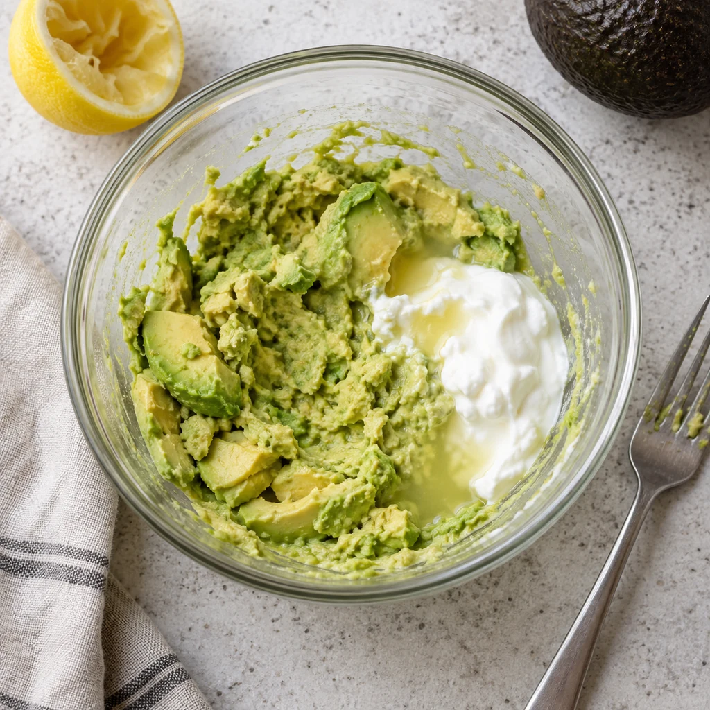 Avocado mashed with Greek yogurt and lemon juice in a glass bowl