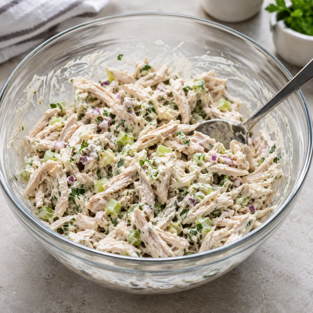 Cooked shredded chicken mixed with creamy dressing, celery, onion and parsley