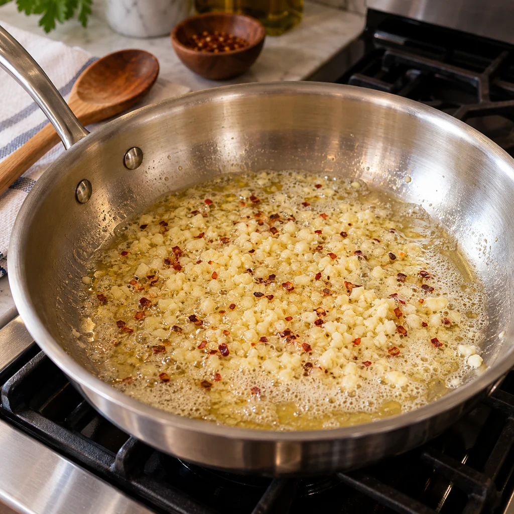 Minced garlic and red pepper flakes gently sizzling in foaming butter