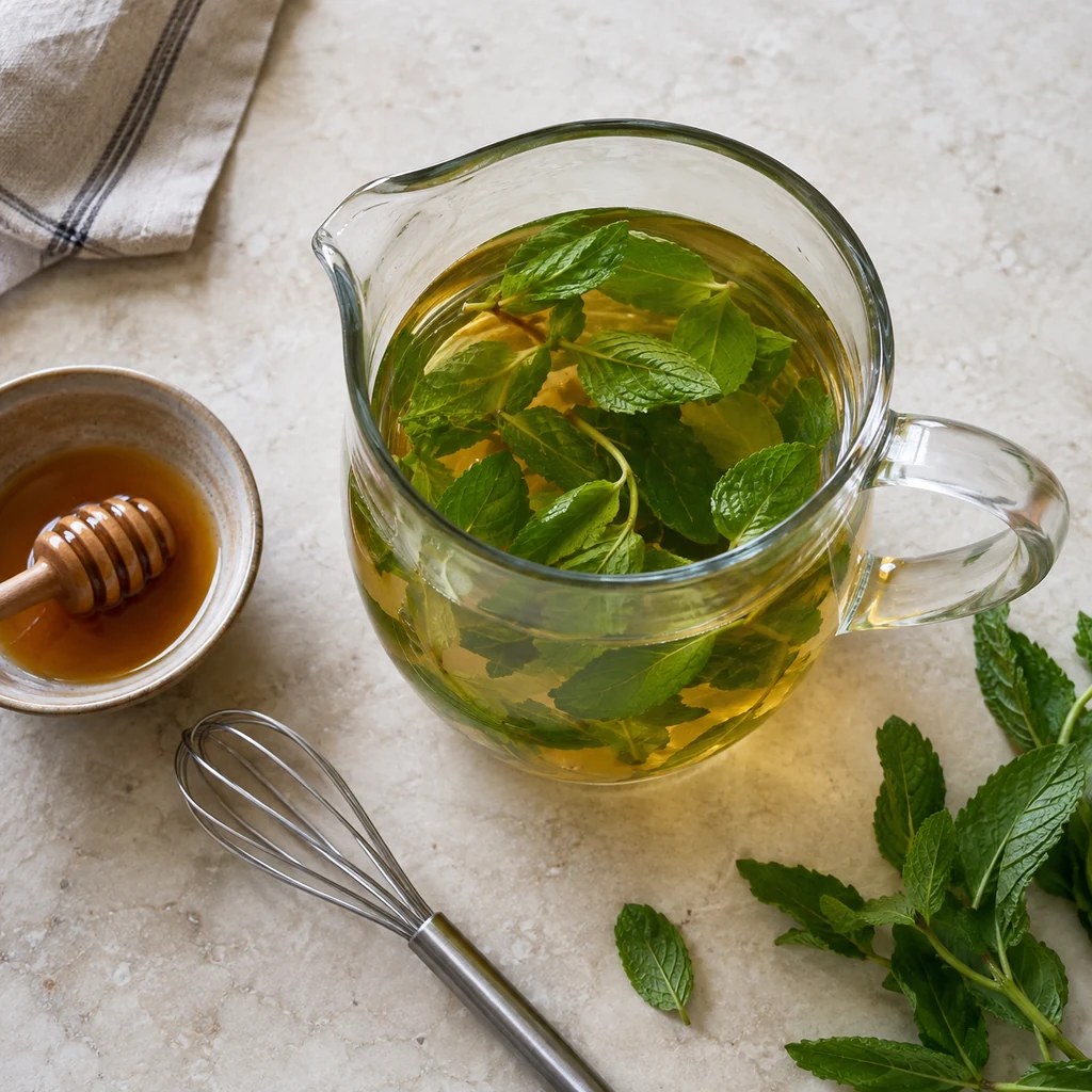 Fresh mint leaves steeping with honey and warm water in a clear jug