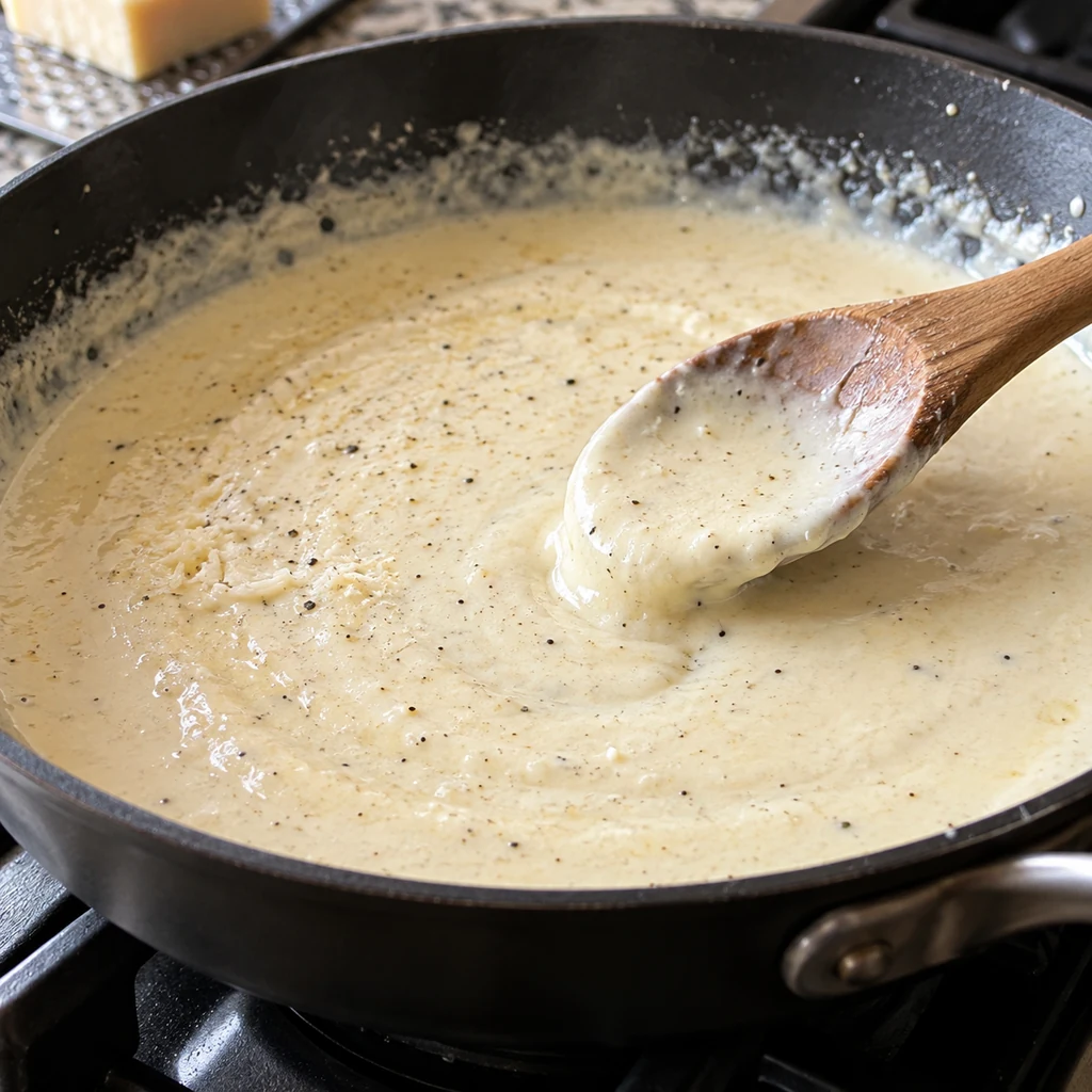 Smooth cream and Parmesan sauce coating a spoon in a skillet