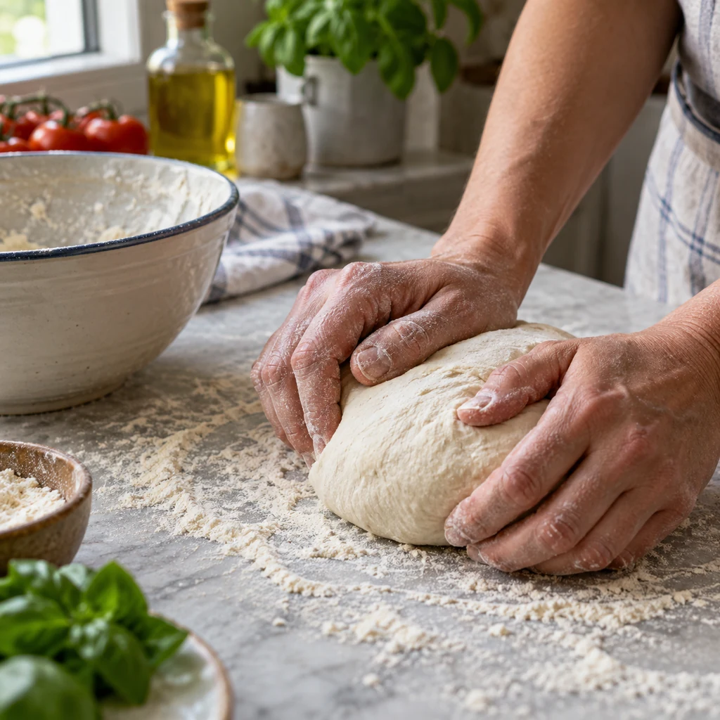 Soft pizza dough being kneaded on a lightly floured countertop