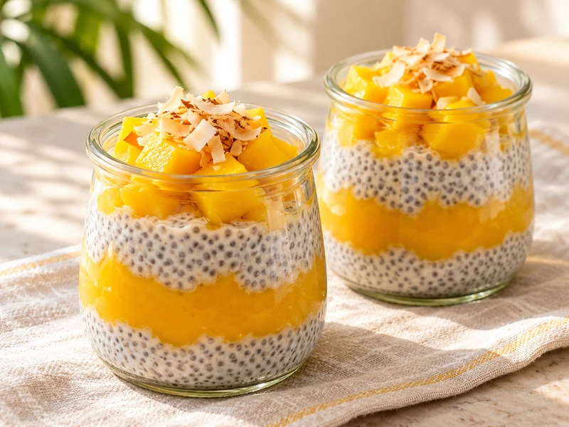 Mango coconut chia pudding layered in two glass jars