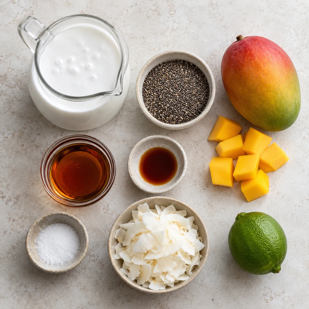 Coconut milk, chia seeds, mango, maple syrup, vanilla, salt, coconut flakes and lime