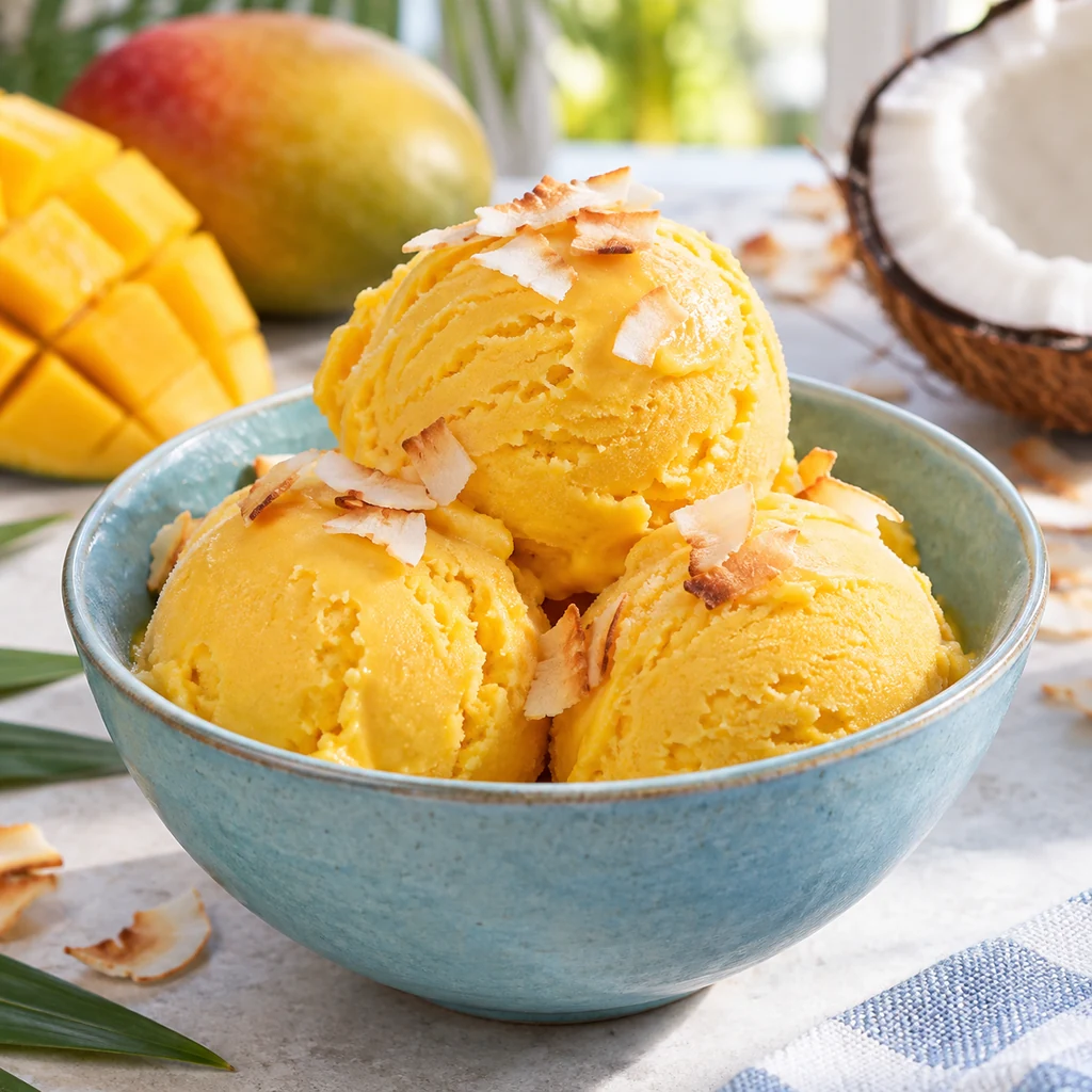 Dairy-free mango coconut no-churn frozen dessert