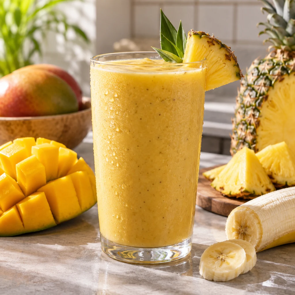 Golden mango pineapple smoothie with banana and tropical fruit
