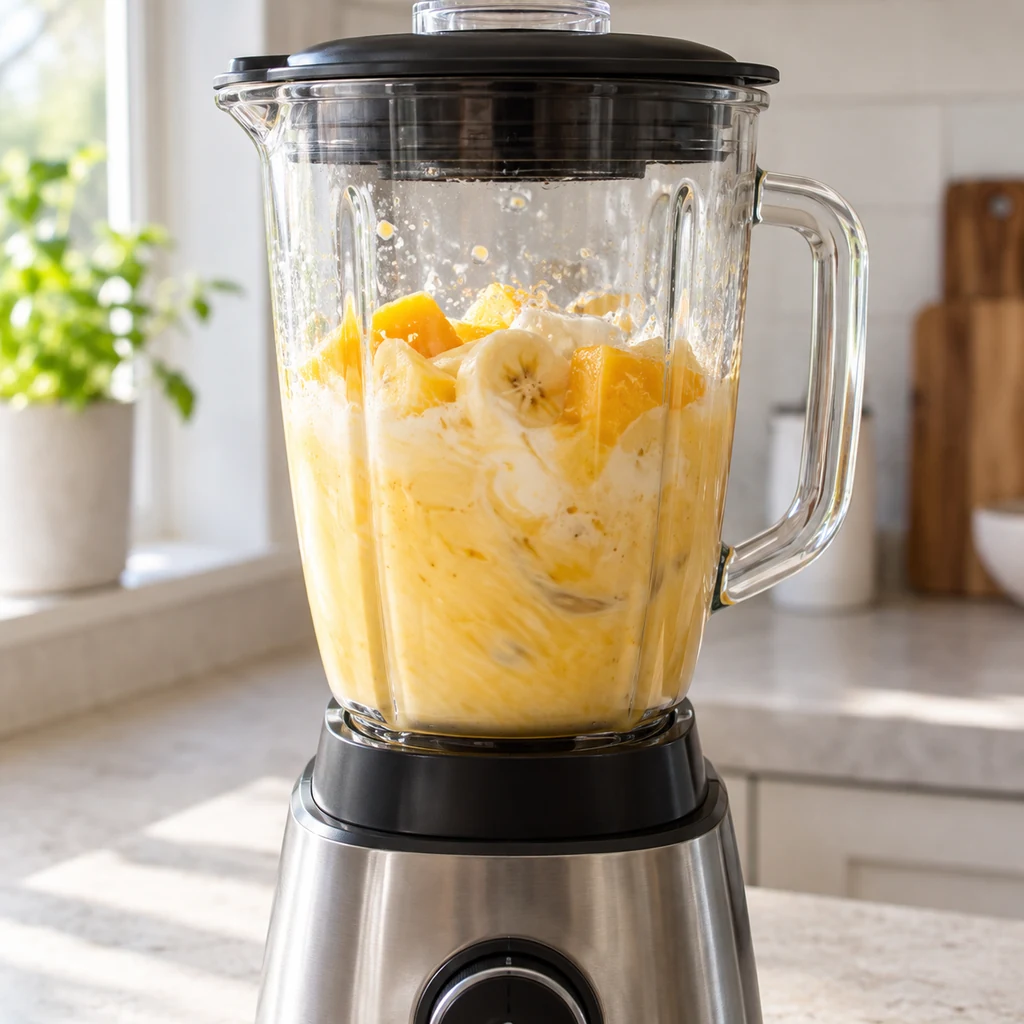 Mango banana yogurt juice and coconut water mixing in a closed blender