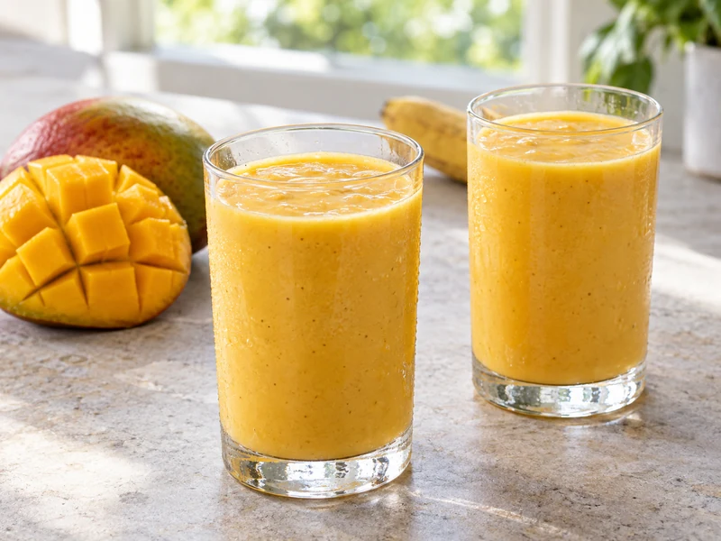 Two glasses of freshly blended golden mango smoothie