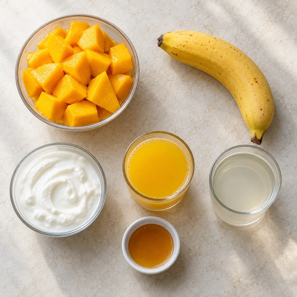 Mango banana Greek yogurt orange juice coconut water and optional honey for mango smoothie