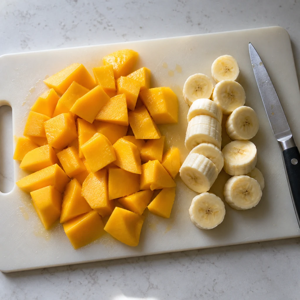 Peeled mango cubes and banana slices on a cutting board