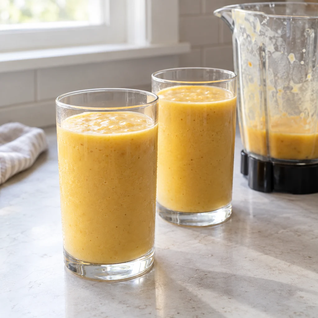 Two clear glasses filled with freshly blended golden mango smoothie