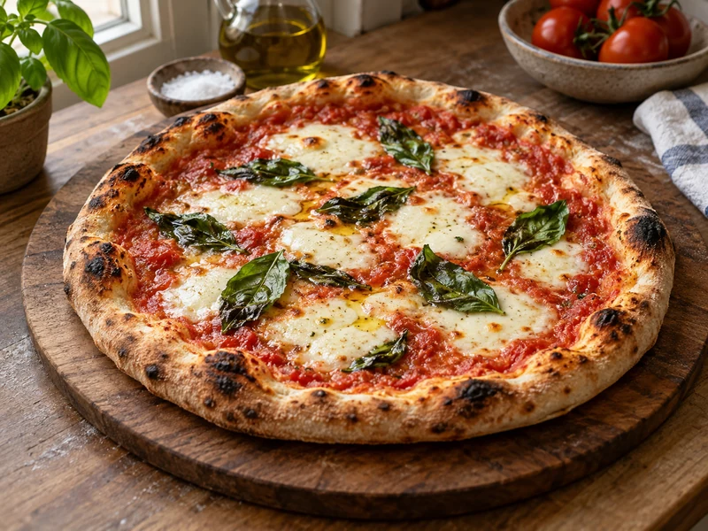 Homemade Margherita pizza with fresh mozzarella, tomato sauce, and basil on a wooden board