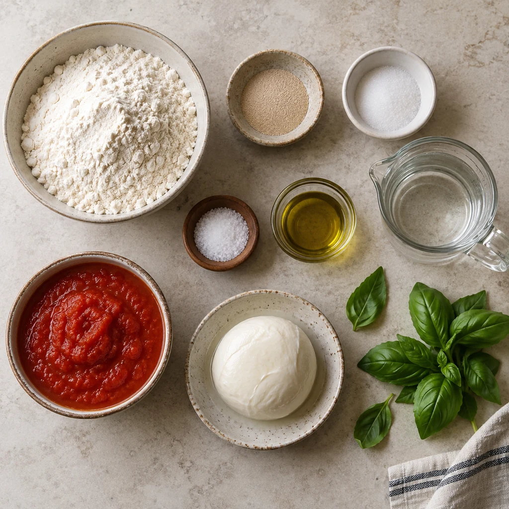 Flour, yeast, sugar, water, salt, olive oil, tomato sauce, mozzarella, and fresh basil for Margherita pizza