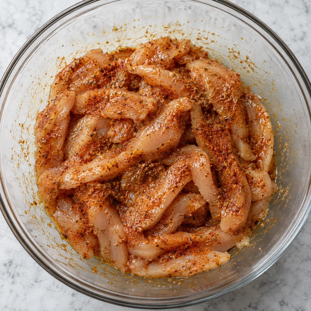 Raw sliced chicken coated with olive oil and taco spices in a mixing bowl