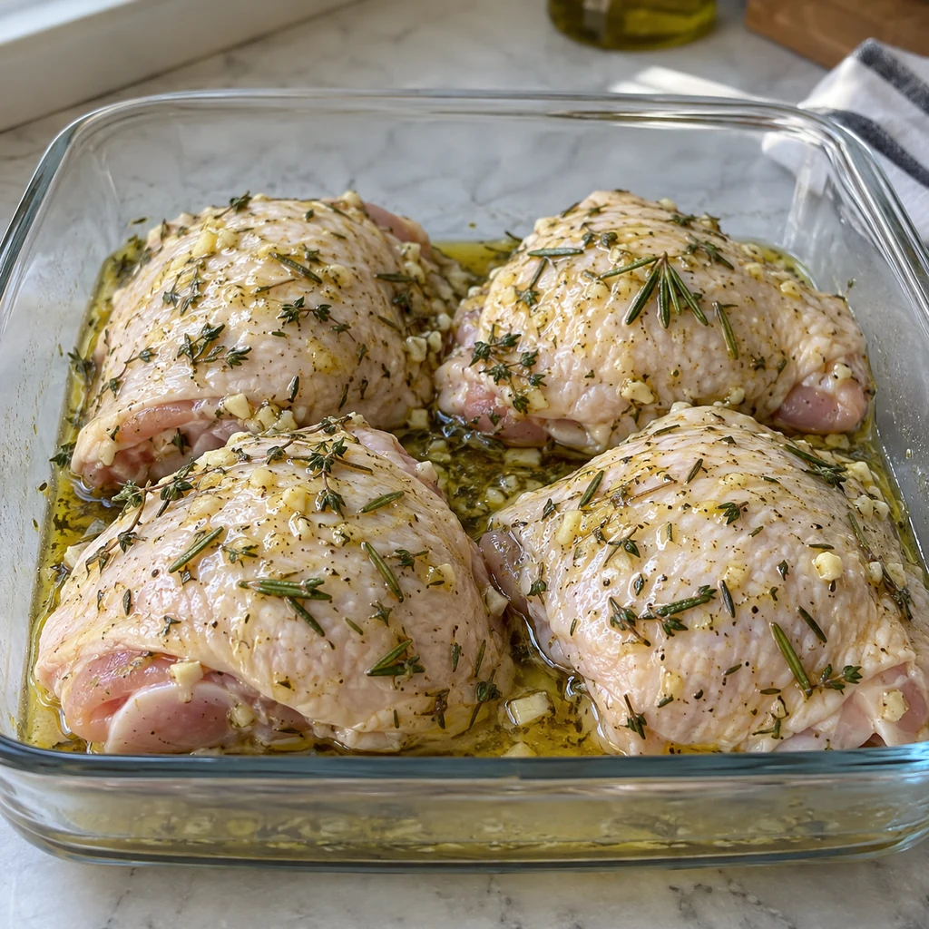 Four uncooked chicken thighs coated with lemon herb marinade in a shallow glass dish