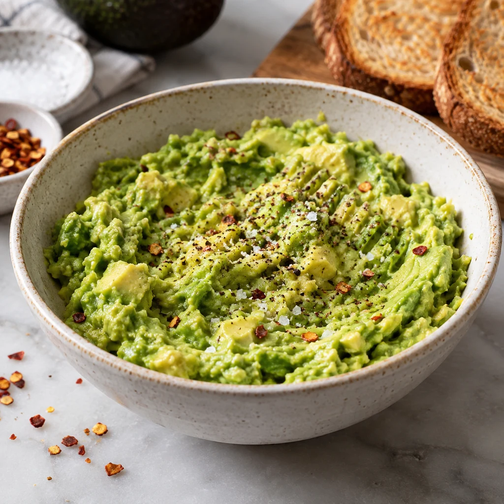 Chunky mashed avocado with salt, black pepper, and a few red pepper flakes in a bowl