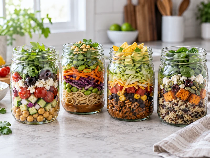 Four colorful healthy mason jar salads prepared for meal prep.