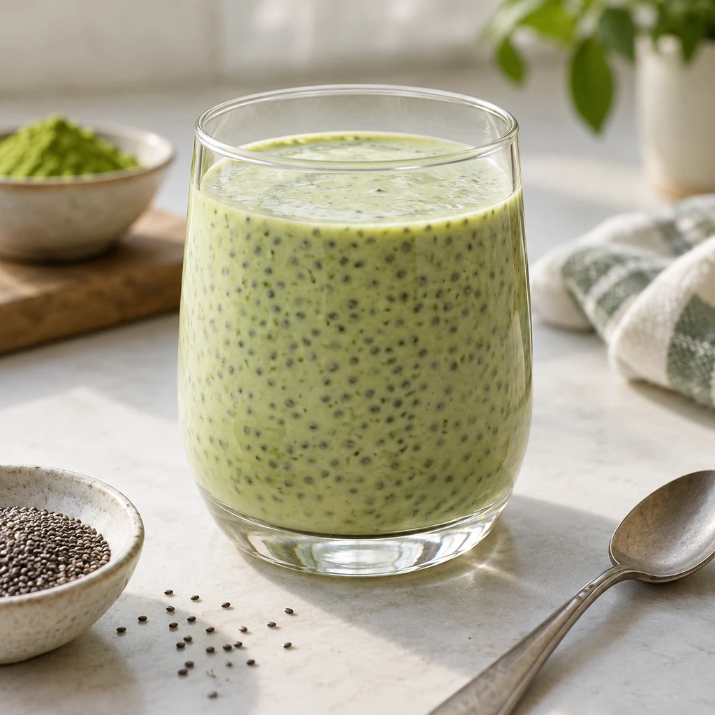 Creamy matcha chia drink with evenly suspended chia seeds in a glass
