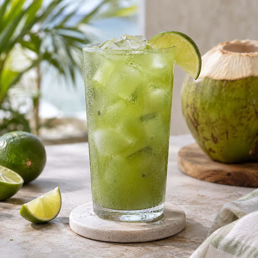 Iced coconut water matcha refresher with lime in a tall clear glass