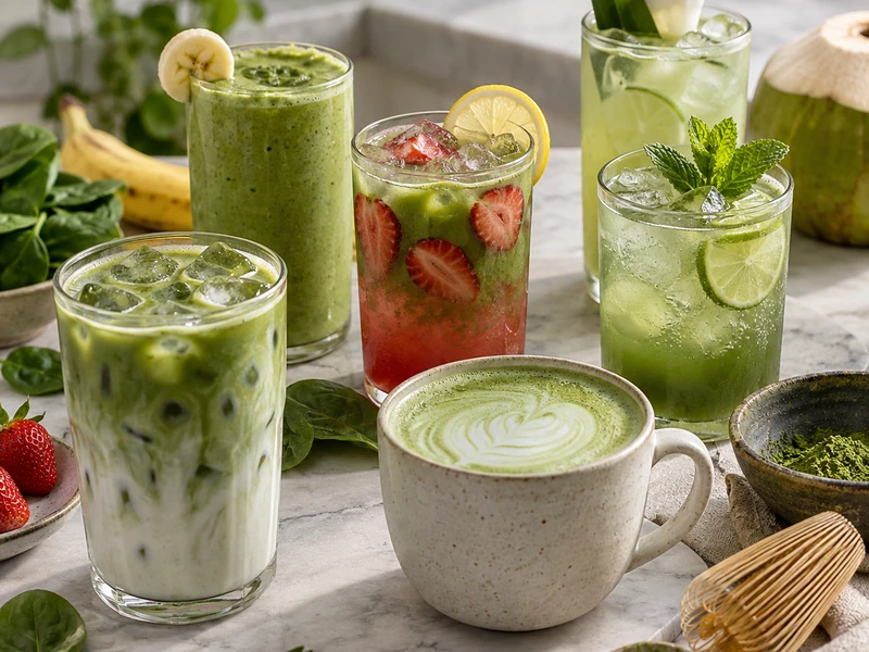 A table spread with iced and warm matcha lattes, smoothie, strawberry lemonade, coconut refresher, and sparkling mint-lime cooler