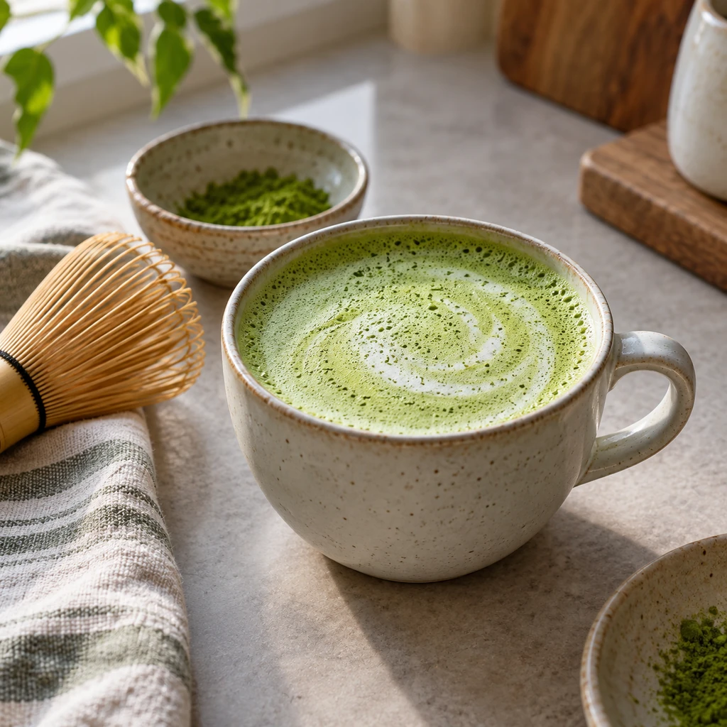 Warm vanilla matcha latte with fine foam in a ceramic cup beside a bamboo whisk