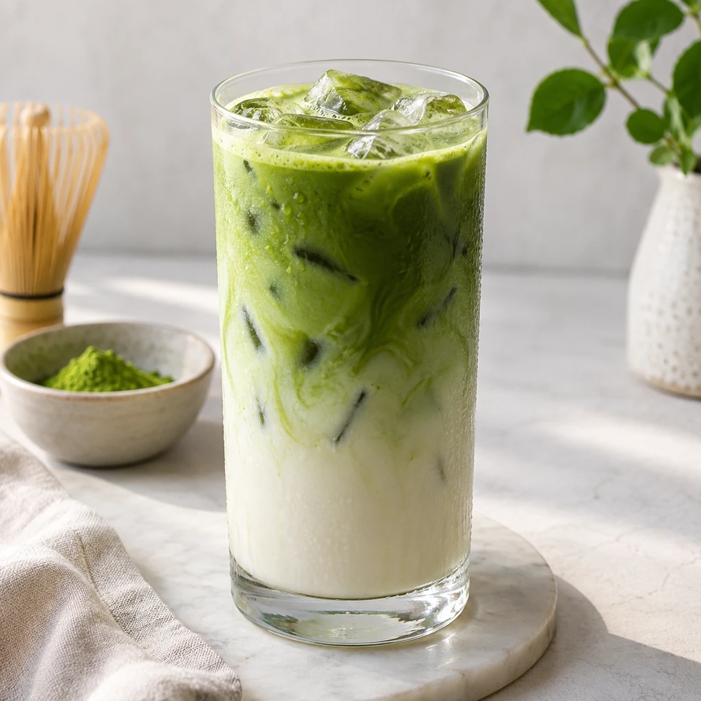 Layered iced matcha latte with creamy milk and vivid green matcha in a clear glass