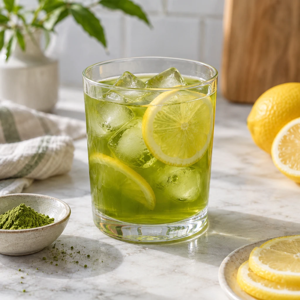 Cold lemon matcha iced tea with clear ice and fresh lemon slices