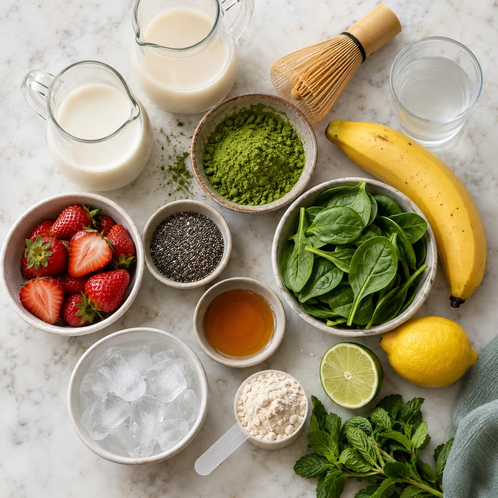 Matcha powder, bamboo whisk, milk, oat milk, coconut water, banana, spinach, lemon, lime, mint, chia seeds, and ice arranged for matcha drinks