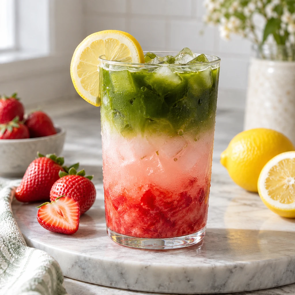 Strawberry matcha lemonade with crushed berries, lemon, ice, and a green matcha layer