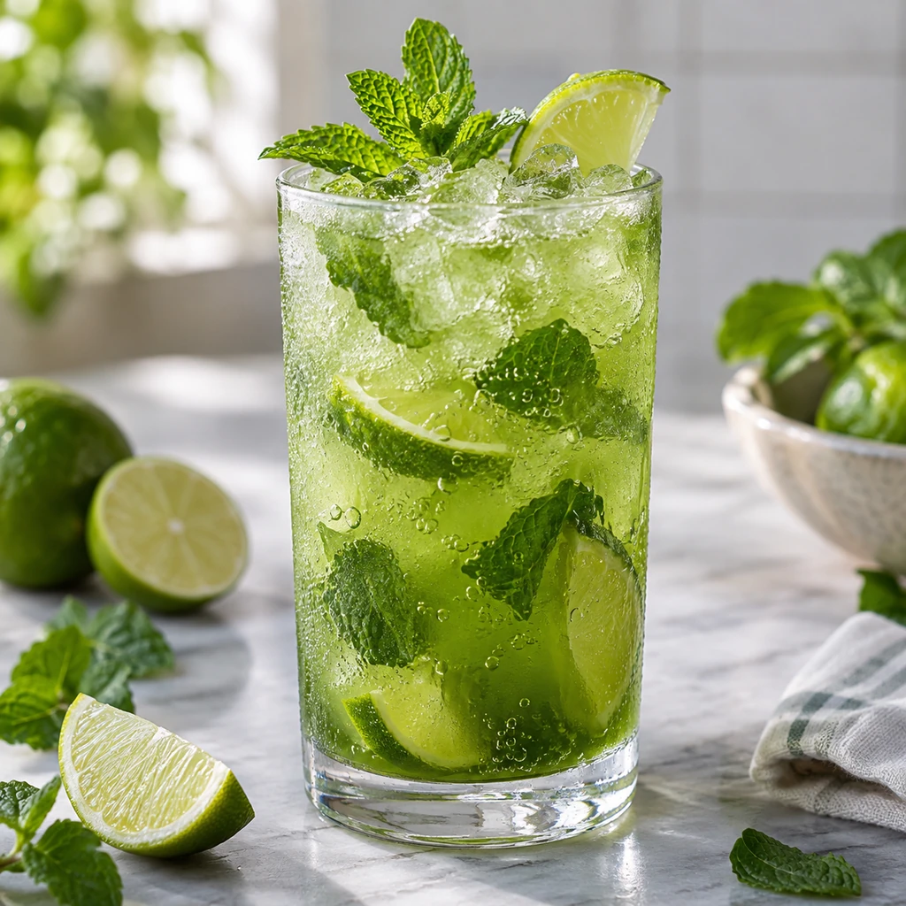 Sparkling mint lime matcha cooler with bubbles, crushed ice, mint leaves, and lime