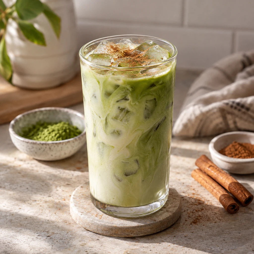 Iced oat milk matcha latte dusted lightly with cinnamon