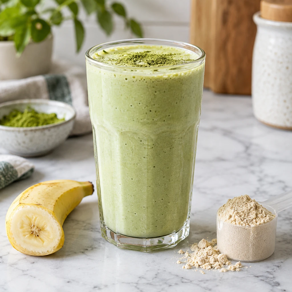 Creamy vanilla matcha protein shake in a cold glass with natural green color