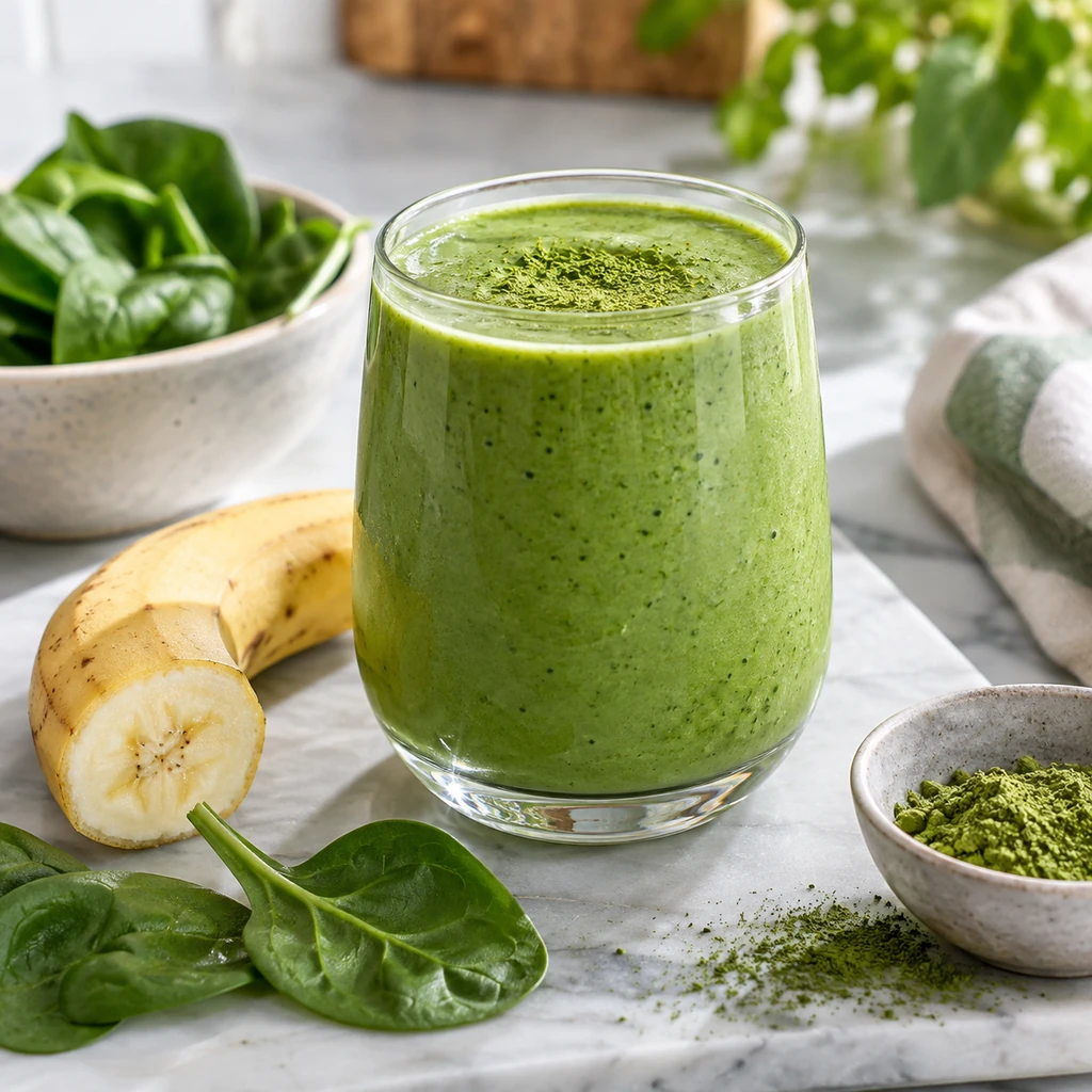 Thick green matcha smoothie made with banana and spinach in a chilled glass