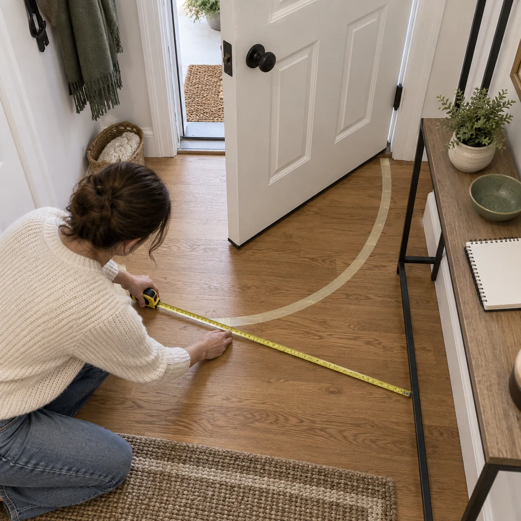 Measuring the front door swing before decorating a small Christmas entryway