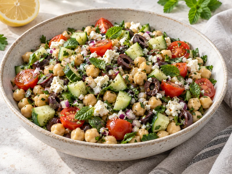 Finished Mediterranean chickpea salad with cucumber, tomatoes, olives, feta and herbs