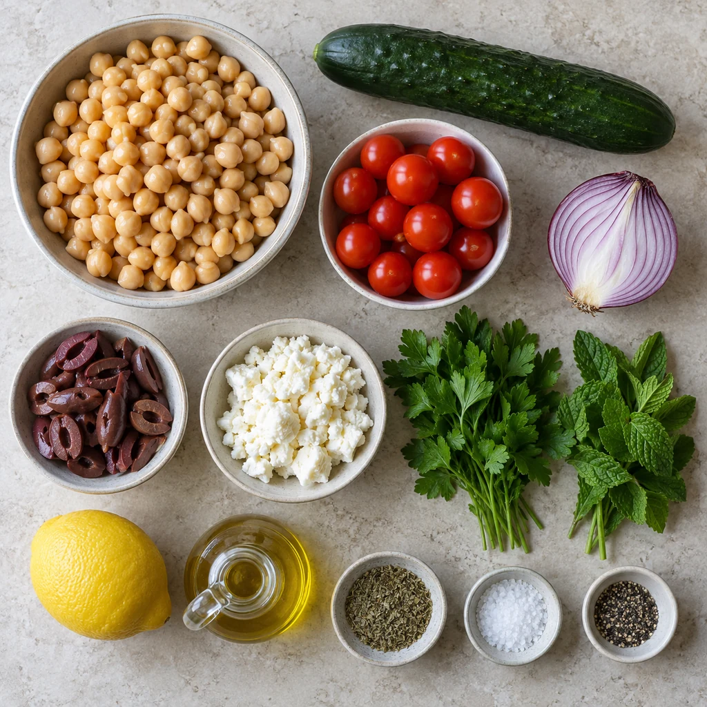 Chickpeas, cucumber, tomatoes, red onion, olives, feta, herbs, lemon, olive oil and seasonings for Mediterranean salad