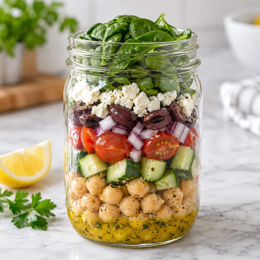 Mediterranean chickpea mason jar salad with feta and spinach