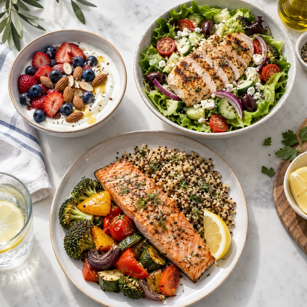 Day 1 Mediterranean meals with yogurt chicken salad and salmon