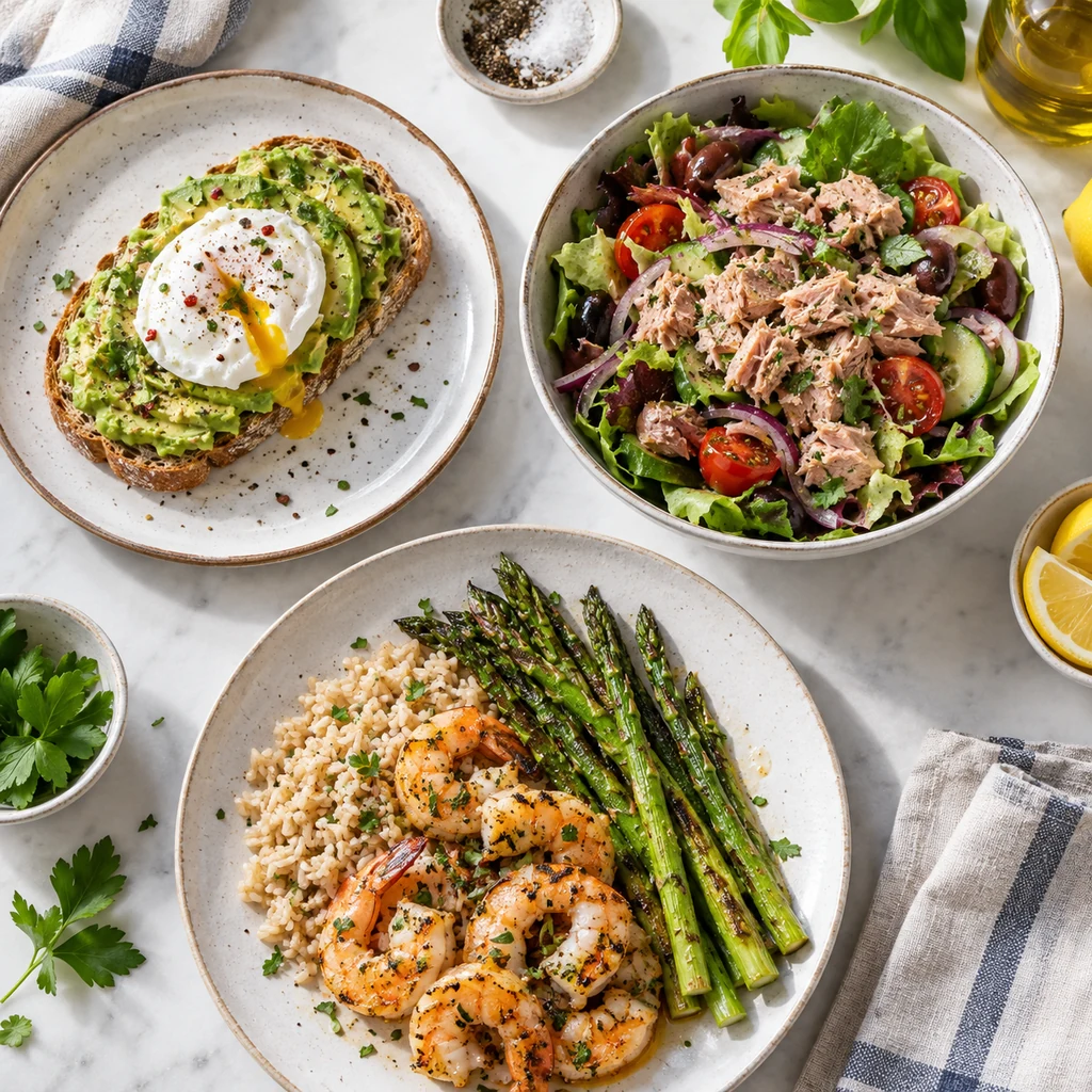 Day 2 Mediterranean meals with avocado toast tuna salad and shrimp
