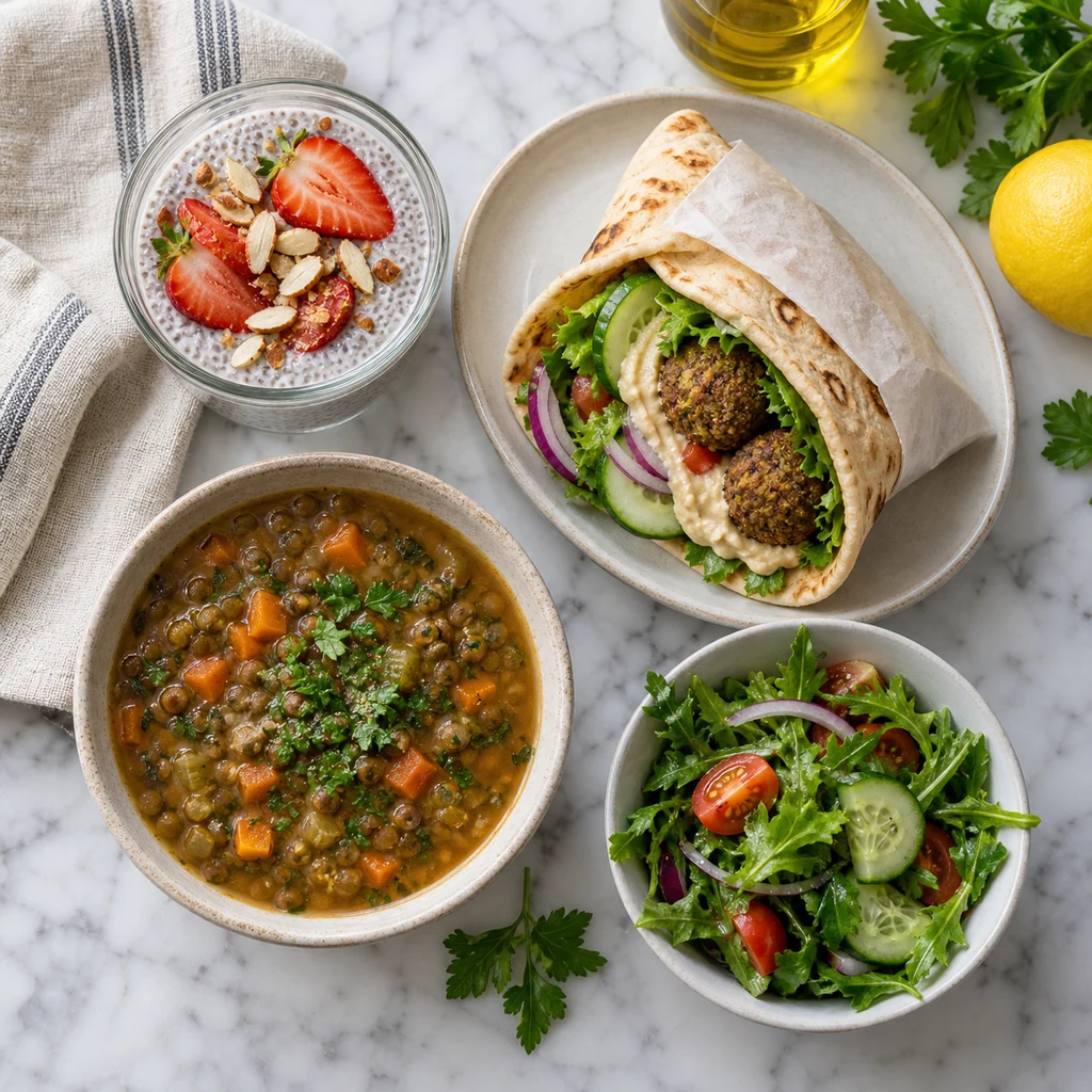 Day 3 Mediterranean meals with chia pudding falafel wrap and lentil soup
