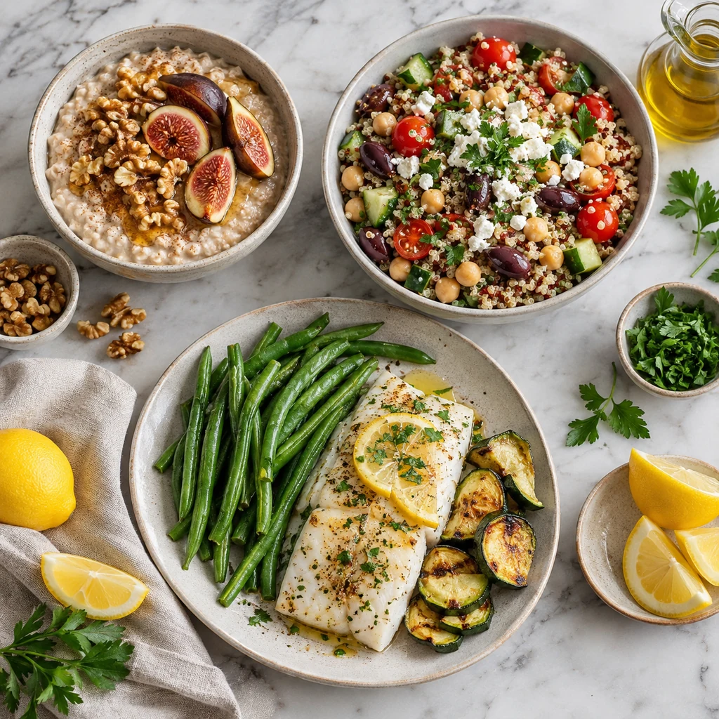 Day 4 Mediterranean meals with oatmeal quinoa bowl and baked cod