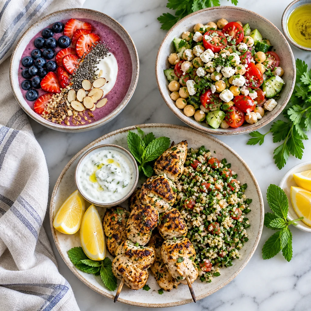 Day 5 Mediterranean meals with smoothie bowl chickpea salad and chicken kebabs