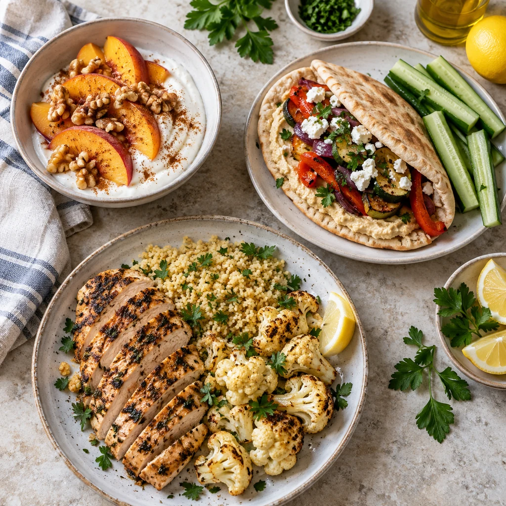 Day 6 Mediterranean meals with yogurt roasted vegetable pita and grilled chicken