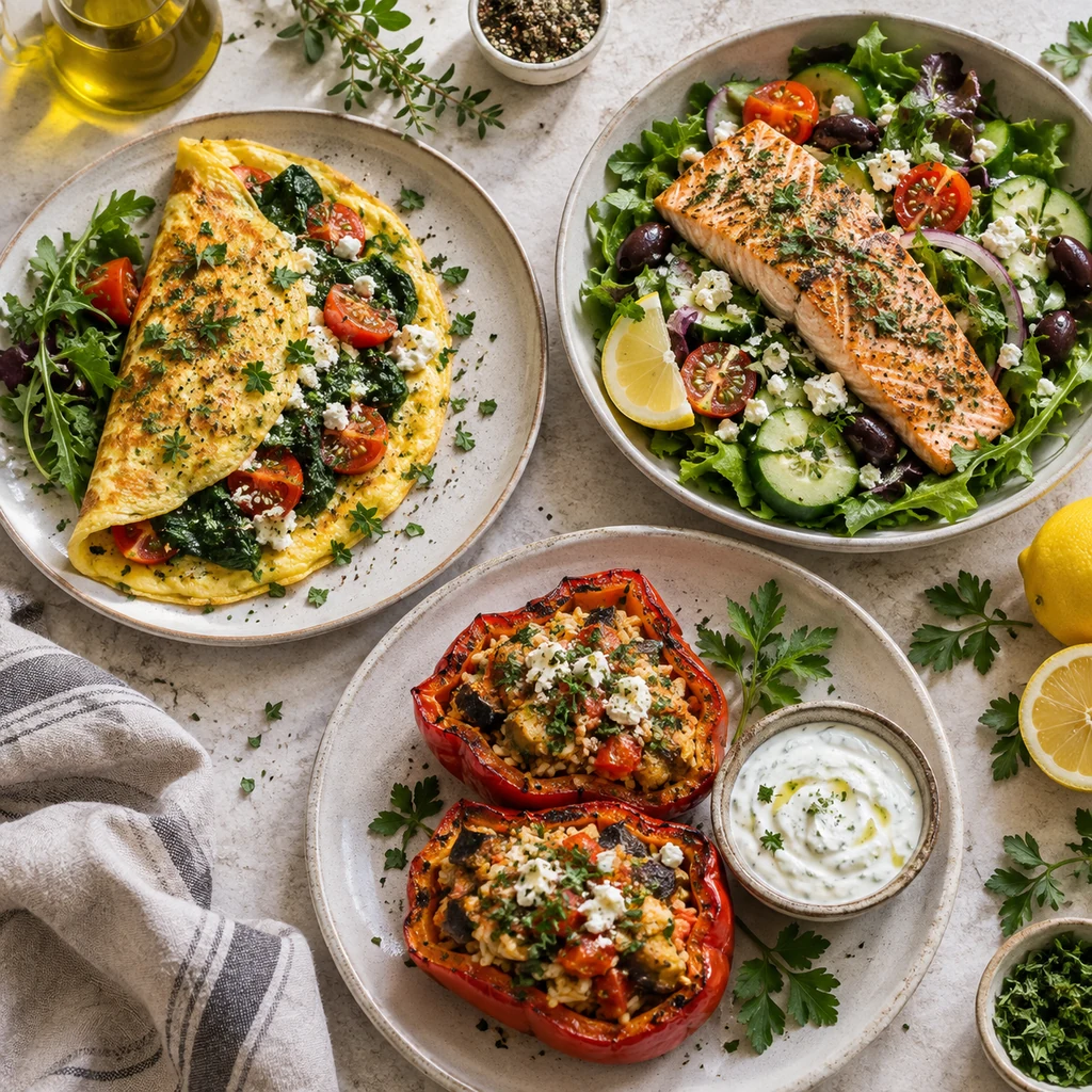 Day 7 Mediterranean meals with omelet salmon salad and stuffed peppers