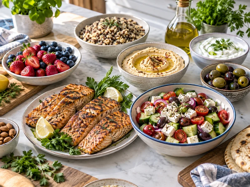 Seven day Mediterranean diet meal plan with salmon vegetables grains and salads