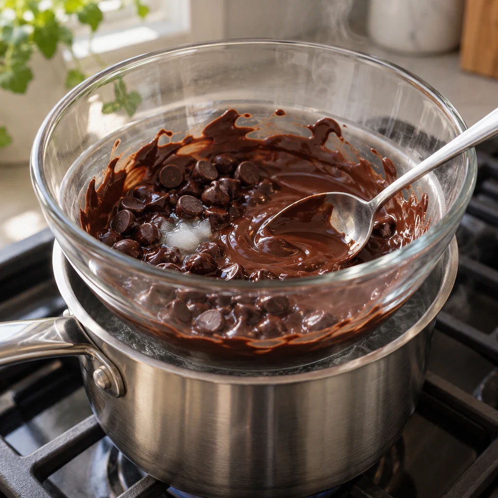 Dairy-free chocolate chips melting in a heatproof bowl over gently steaming water