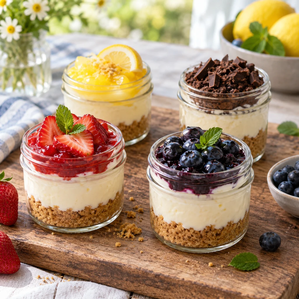 Individual no-bake cheesecakes layered in small glass jars