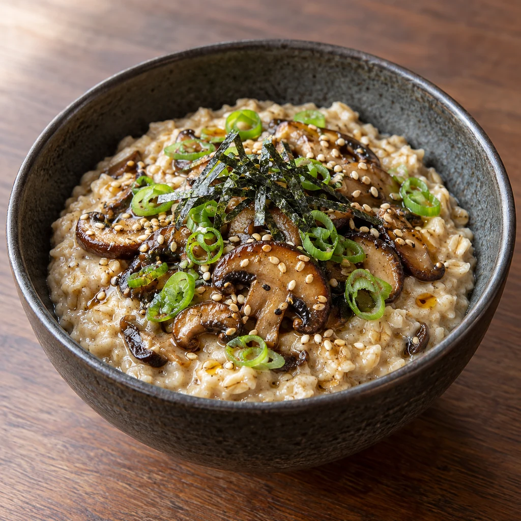 Miso savory oatmeal topped with golden sautéed mushrooms, scallions, sesame seeds, and nori