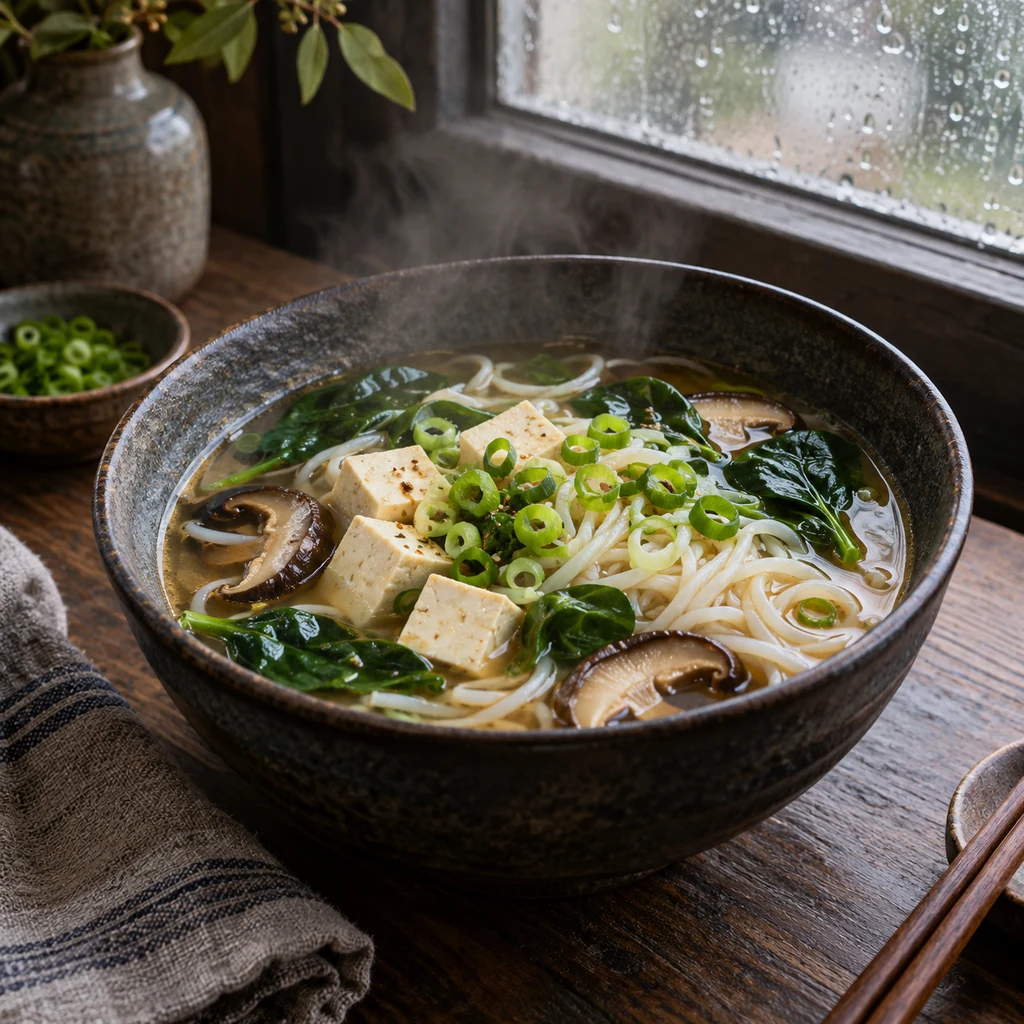 Miso rice noodle soup with tofu, mushrooms, spinach, and scallions