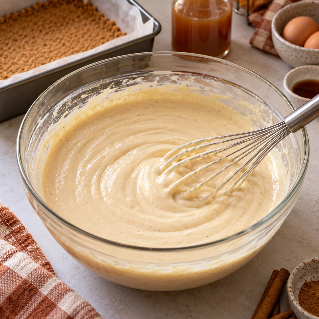 Smooth apple cider cheesecake filling in a glass mixing bowl beside the pre-baked graham crust.